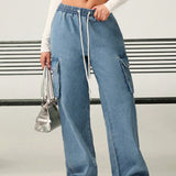 Forever 21 Jeans anchos de pierna con cintura elastica de mezclilla azul claro en forma de utility