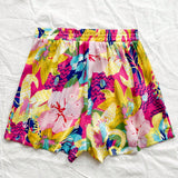 WYWH Pantalones cortos de linea A anchos de cintura elastica con estampado floral colorido y casual para mujeres de vacaciones en la playa tropical de verano WYWH