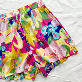 WYWH Pantalones cortos de linea A anchos de cintura elastica con estampado floral colorido y casual para mujeres de vacaciones en la playa tropical de verano WYWH
