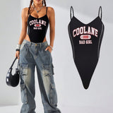 Coolane Mujeres sexy body casual con tirantes de patron de letras frescas de High Street