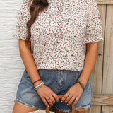 Blusa floral de a grande para mujer con cuello alto y manga corta con volumen y dobladillo acampanado para unas vacaciones de verano coas