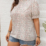 Blusa floral de a grande para mujer con cuello alto y manga corta con volumen y dobladillo acampanado para unas vacaciones de verano coas