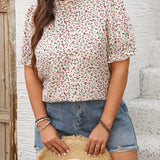 Blusa floral de a grande para mujer con cuello alto y manga corta con volumen y dobladillo acampanado para unas vacaciones de verano coas