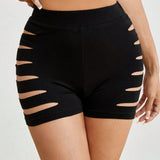 PETITE Shorts negros elasticos de cintura alta tejidos con diseno recortado