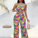 Conjunto de top corto y pantalones anchos de pierna con flores impresas para mujer, estilo strapless con frente retorcido, ideal para vacaciones (estampado aleatorio)