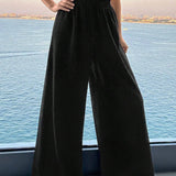 NEW  VCAY Pantalones anchos y sueltos para mujeres con unicolor, cintura plisada y dobladillo de volantes, perfectos para vacaciones
