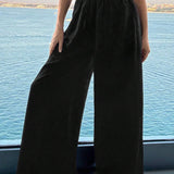 NEW  VCAY Pantalones anchos y sueltos para mujeres con unicolor, cintura plisada y dobladillo de volantes, perfectos para vacaciones