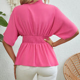 LUNE Blusa elegante de verano para mujer en unicolor con cuello alto, mangas de murcielago y dobladillo con volantes