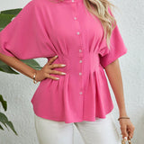 LUNE Blusa elegante de verano para mujer en unicolor con cuello alto, mangas de murcielago y dobladillo con volantes