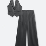 EZwear Conjunto de mujer primavera/verano, casual, de unicolor con cuello halter, top sin mangas y pantalones amplios y plisados