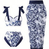 Swim Vcay Conjunto de bikini de talla grande estampado con traje de bano y traje de bano con falda ajustable alrededor de la cintura en estampado floral al azar