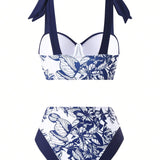 Swim Vcay Conjunto de bikini de talla grande estampado con traje de bano y traje de bano con falda ajustable alrededor de la cintura en estampado floral al azar