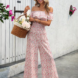 VCAY Women Holiday Floral Print Off-Shoulder Wide Leg Jumpsuit With Ruffled Hem