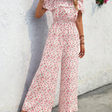 VCAY Women Holiday Floral Print Off-Shoulder Wide Leg Jumpsuit With Ruffled Hem