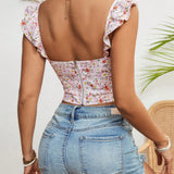VCAY Blusa corta floral con lazada en la cintura y mangas cortas con volantes para mujer en verano de vacaciones