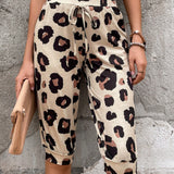 LUNE Pantalones cortos casuales de estampado de leopardo para mujer con cinturon en la cintura y bolsillos laterales