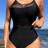 Swim Vcay Traje de bano de una pieza con espalda al cuello, vacaciones en la playa con detalles de malla y unicolor