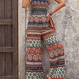 VCAY Women Geometric Pattern Wrapped Bust Jumpsuit With Strapless Design, Suitable For Summer Vacation