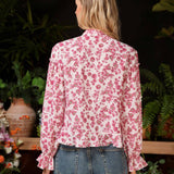 Blusa de manga larga y estilo frances para mujer con estampado floral, cuello con lazo, cinturon, dobladillo irregular con volantes, camisa floral