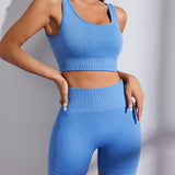 Conjunto deportivo de verano de sujetador y pantalones cortos sin costuras y de alta elasticidad con cuello redondo monocromatico