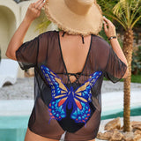 Swim Vcay Conjunto de bikini de verano de talla grande con parte superior y inferior de cuello halter y cubierta con estampado de mariposas para vacaciones en la playa.