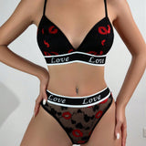 Conjunto de sujetador para mujer, encaje con diseno hueco y estampado de labios, con panty triangular sexy y comodo