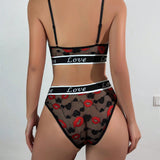 Conjunto de sujetador para mujer, encaje con diseno hueco y estampado de labios, con panty triangular sexy y comodo