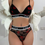 Conjunto de sujetador para mujer, encaje con diseno hueco y estampado de labios, con panty triangular sexy y comodo