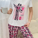 Conjunto de camiseta de manga corta y pantalones largos con estampado de jirafa lindo para ninos