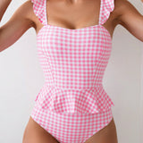Swim Mod Conjunto de bikini para mujer, con top de chaleco sin mangas, estampado aleatorio y borde con volantes, 2 piezas