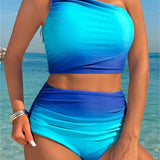 Swim Vcay Conjunto de tankini asimetrico de cuello con estilo de color degradado para mujer, parte superior e inferior de bano
