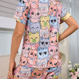Conjunto de pijamas de verano de dos piezas para mujer con lindo estampado de gato y de moda