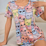 Conjunto de pijamas de verano de dos piezas para mujer con lindo estampado de gato y de moda