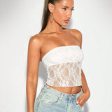 BAE Top femenino sin tirantes con detalle de encaje fruncido, unicolor, perfecto para uso diario en primavera/verano, cocteles, fiestas de chicas, festividades, crop tops de verano, crop top blanco y top tubo blanco