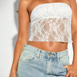 BAE Top femenino sin tirantes con detalle de encaje fruncido, unicolor, perfecto para uso diario en primavera/verano, cocteles, fiestas de chicas, festividades, crop tops de verano, crop top blanco y top tubo blanco