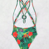 Swim Traje de bano de una pieza con huecos estampados para mujeres para vacaciones en la playa, patron de impresion al azar