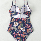 Swim Monokini para mujer con estampado de plantas tropicales, estilo de vacaciones con diseno entrecruzado y soporte con aros y estampado de color aleatorio