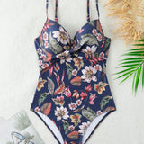 Swim Monokini para mujer con estampado de plantas tropicales, estilo de vacaciones con diseno entrecruzado y soporte con aros y estampado de color aleatorio