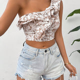 VCAY Top corto para mujeres de vacaciones con estampado floral, cuello asimetrico y dobladillo con volantes