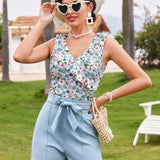 DECDS Conjunto de 2 piezas para mujer, estilo retro antiguo con impresion completa allover y cuello halter con top y shorts de unicolor con ribete de volantes para vacaciones de primavera/verano y atuendos de verano hawaianos