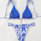 Swim Conjunto de bikini sexy para mujeres con estampado floral para la playa de verano en vacaciones, patron aleatorio