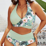 Swim Vcay Conjunto de bikini tropical de talla grande estampado para verano con diseno cruzado sin espalda y halter