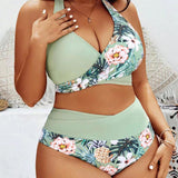 Swim Vcay Conjunto de bikini tropical de talla grande estampado para verano con diseno cruzado sin espalda y halter