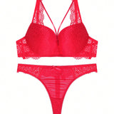 Set de sosten push-up de color rojo solido con braguitas huecas, conjunto de lenceria sexy con tirantes finos de encaje para mujer