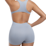 1 pieza Body ajustado en azul para mujer, puede usarse como vestuario o ropa deportiva, con shorts para cinchar la cintura y carateristica de modelado corporal sin espalda