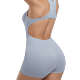 1 pieza Body ajustado en azul para mujer, puede usarse como vestuario o ropa deportiva, con shorts para cinchar la cintura y carateristica de modelado corporal sin espalda