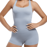 1 pieza Body ajustado en azul para mujer, puede usarse como vestuario o ropa deportiva, con shorts para cinchar la cintura y carateristica de modelado corporal sin espalda