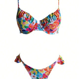 NEW  Swim Vcay Conjunto de bikini dividido para mujeres con estampado floral, volante simple y elegante para vacaciones en la piscina