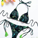 Conjunto de bikini estampado de plantas tropicales para mujeres con corbata y borlas para vacaciones