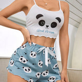 Pantalones cortos de ropa de dormir para mujeres decorados con patron de panda y lazo